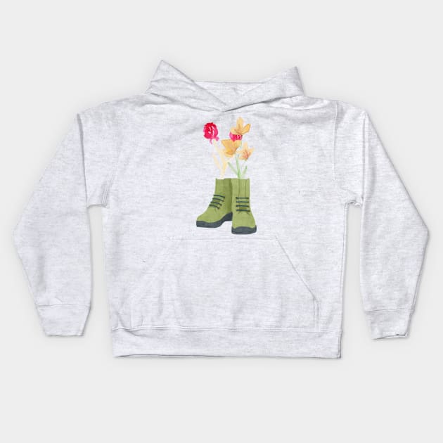 Wildflowers with hiking boots Kids Hoodie by Chavjo Mir11